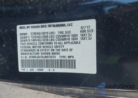 2018 Honda Odyssey Ex-L z USA, uszkodzony, nr VIN 5FNRL6H76JB075274